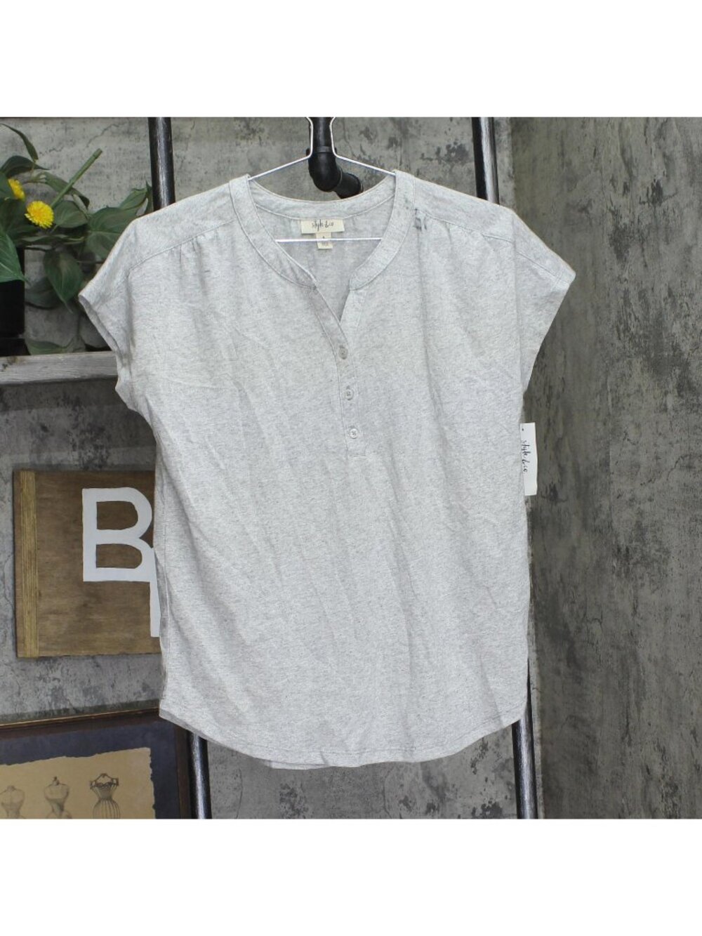 Style & Co Dolman-Sleeve Henley Linen-Blend T-Shirt Top Gravel Heather Gray S